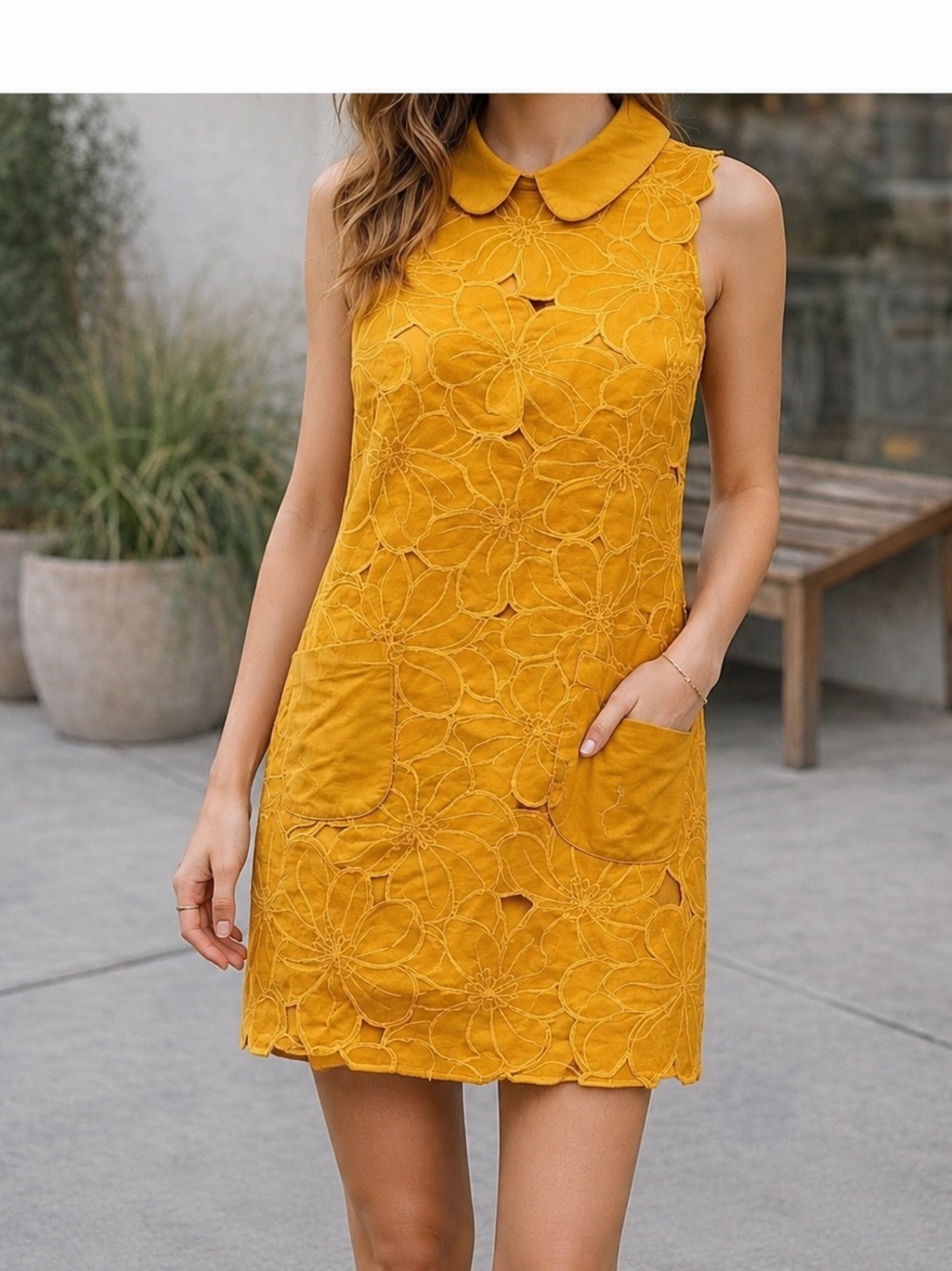 TOPSHOP Mustard Yellow Shift Dress Retro Floral Appliqué Cutout Design. Size 6